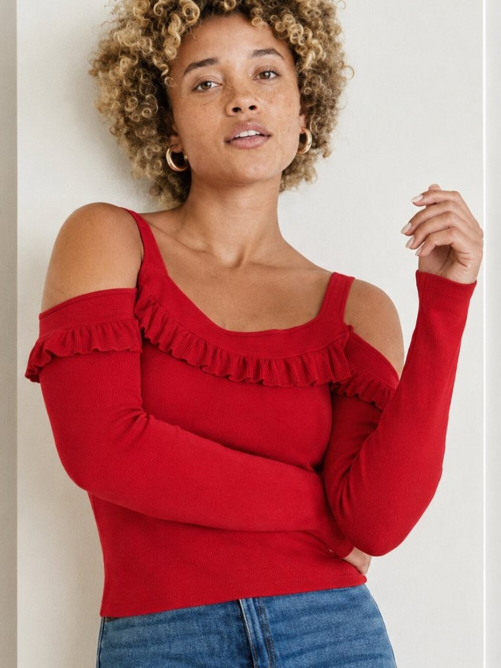 Venus Cold Shoulder Ruffle Top Red Large